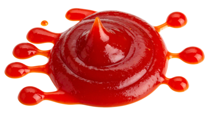 Swirled and spattered vibrant red condiment with central cone shape against black background
