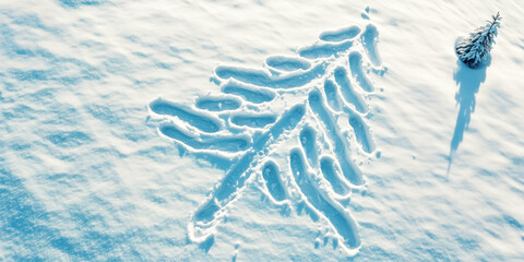 Top view on the Christmas tree shape made of footprints in fresh snow. Xmas and New year concept.