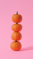 Two pumpkins stacked on pink background. Halloween autumn concept.
