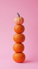 Pumpkin stack close up on pink background. Halloween concept.