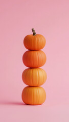 Stacked pumpkins tower on pink background. Halloween concept.