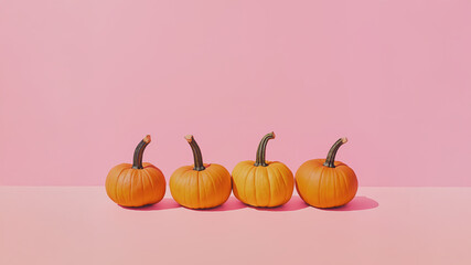 Row of small pumpkins on pink background. Halloween autumn concept.