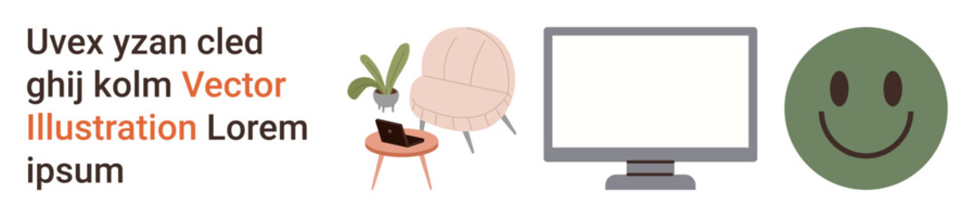 Workspace design, creativity, minimalist decor, digital content, communication, and positivity. Chair, coffee table monitor happy face and text. Workspace design and creativity concept © robu_s