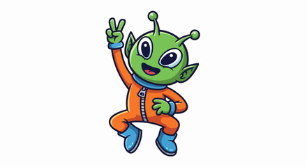 Obraz premium Cute green alien cartoon character in an orange spacesuit.