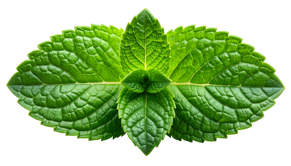 Close-up of vibrant green mint leaves arranged in a symmetrical pattern, black background