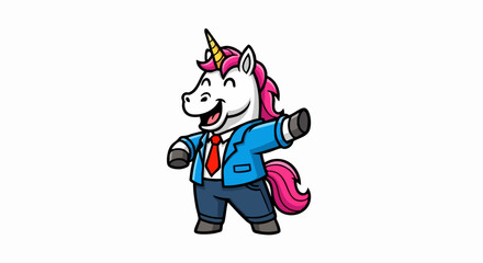 Fototapeta premium Happy cartoon unicorn wearing a suit and tie with a friendly expression.