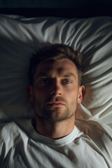 Stressed man lying in bed. Mental health and insomnia concept.