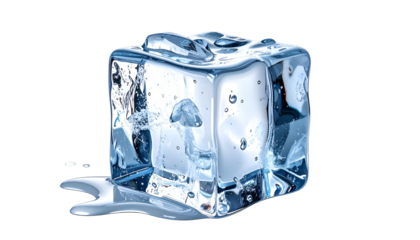 A translucent ice cube against a black background, partially melted, with water droplets