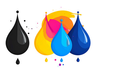 Graphic showing colorful ink droplets with splashes on a dark background