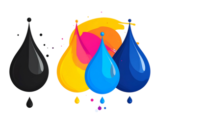 Graphic showing colorful ink droplets with splashes on a dark background