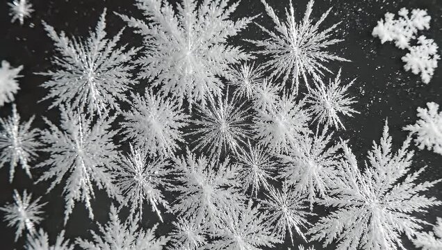 Symmetrical Snowflake Formation Crystallizing on Dark Background for Christmas and Nature Concept