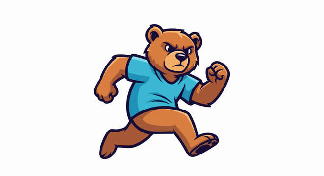 Determined cartoon bear mascot running in a blue t shirt.
