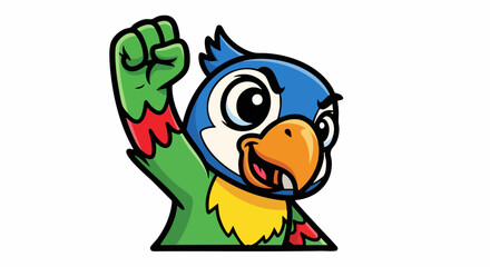 Triumphant Cartoon Parrot Mascot with Raised Fist.