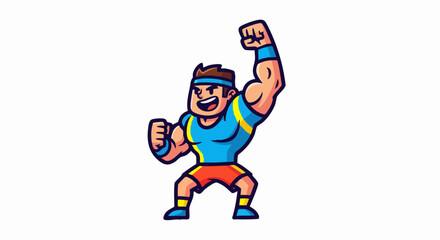 Cartoon athlete flexing his muscles with a determined expression.
