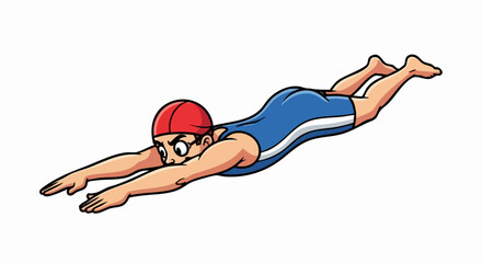 Swimmer diving into water with red cap and blue swimsuit.