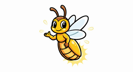 Cute cartoon bee with wings and antennae waving hello.