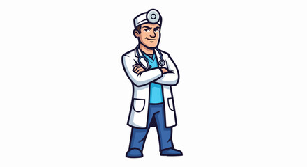 Confident doctor with arms crossed wearing a white coat and stethoscope.