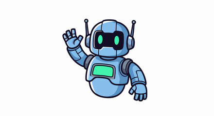 Cute Blue Robot Waving Hello with Green Eyes and Screen.
