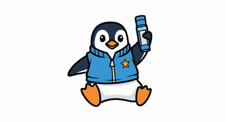Cute cartoon penguin wearing a blue jacket and holding a marker.