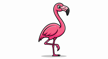 Cartoon Flamingo Standing on One Leg with Pink Feathers.