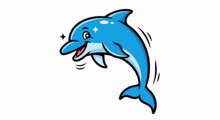 Cartoon blue dolphin jumping and smiling with sparkling eyes and fins.