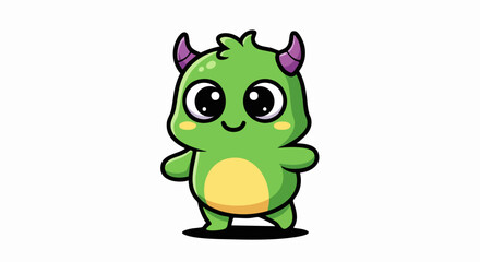 Cute Green Monster Cartoon Character with Purple Horns and Big Eyes.