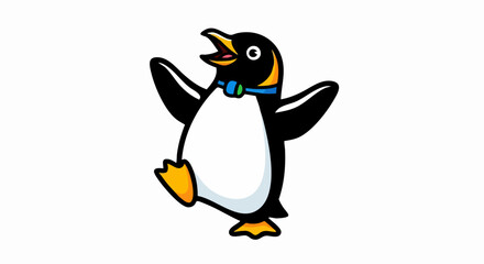 Cartoon Penguin with Blue Bowtie and Open Beak Illustration.