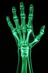 X-ray open hand bones centered on black background. Medical radiology concept.