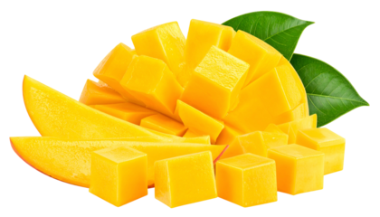 A vibrant, detailed image of sliced mango pieces, some cubed, with green leaves on a black bg