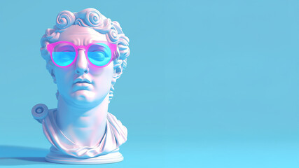Classical statue head with sunglasses on blue background. Modern art concept.