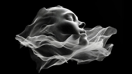 Black and white face in smoke on dark background. Surreal portrait concept.