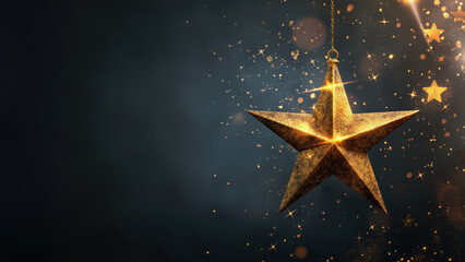 Golden star ornament with sparkle bokeh. Christmas holiday concept.
