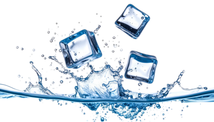 Three clear ice cubes are suspended mid-air above water with splashing effects against black