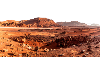 A vast, red desert landscape with mountains under a cut-out sky
