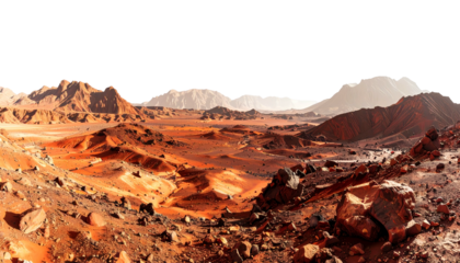 Panoramic landscape of a reddish desert with mountains under a black sky