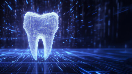 Digital tooth icon with particles and light. Dental technology concept.
