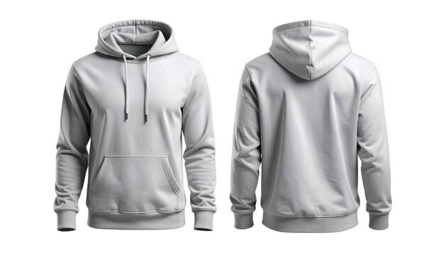 Front and back view of a blank, light gray hooded sweatshirt. Isolated on black