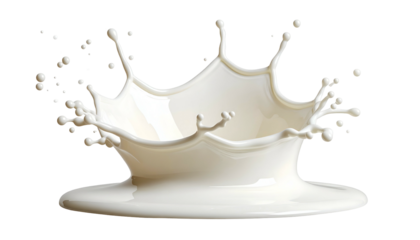 White liquid crown splash with droplets, against a black background