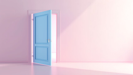 Open door in pastel room with sunlight. New opportunity concept.