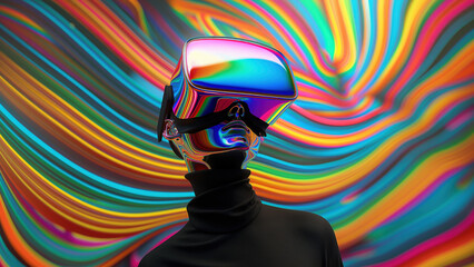 Person in VR headset with colorful wave background. Virtual reality concept.