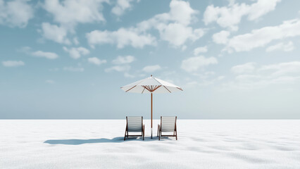 Minimal beach chairs under umbrella with clouds. Summer holiday concept.