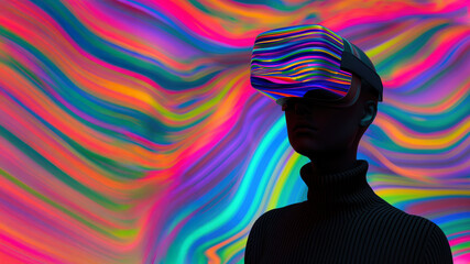 Silhouette wearing VR headset with rainbow swirl. Virtual reality concept.