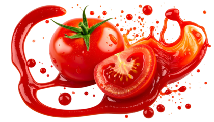 Vibrant image features whole and sliced tomatoes amidst ketchup splashes and droplets