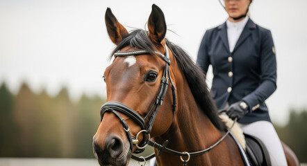 Brown horse head portrait with equestrian rider in uniform blurred in background.