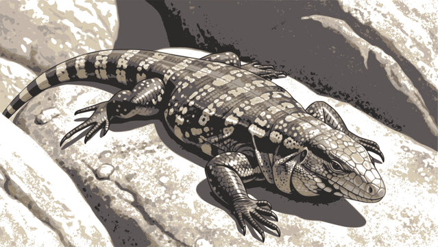 Color multilayered vector illustration of an Argentine tegu lizard on a rocky surface. Design for educational wildlife posters or exotic pet care branding. Transparent background EPS version.