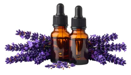 Two amber glass bottles with droppers, lavender sprigs on a black backdrop