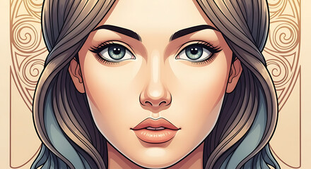 A stylized digital art portrait of a woman with light blue eyes and wavy hair, featuring a symmetrical composition and decorative background.