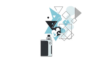 Illustration of a modern vape device emitting stylized geometric vapor clouds against a clean white background.