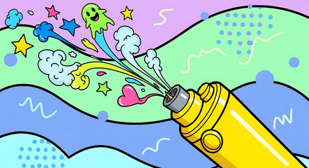 A yellow vape pen emits colorful smoke, stars, hearts, and a cartoon ghost in a vibrant, playful illustration.