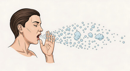 A detailed illustration showing a person coughing or sneezing, expelling respiratory droplets into the air, representing germ transmission.